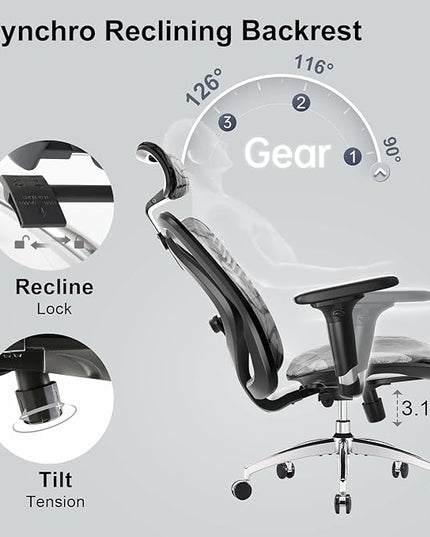 SIHOO M57 Ergonomic Office Chair with 3 Way Armrests Lumbar Support and Adjustable Headrest High Back Tilt Function Grey - LeafyLoom