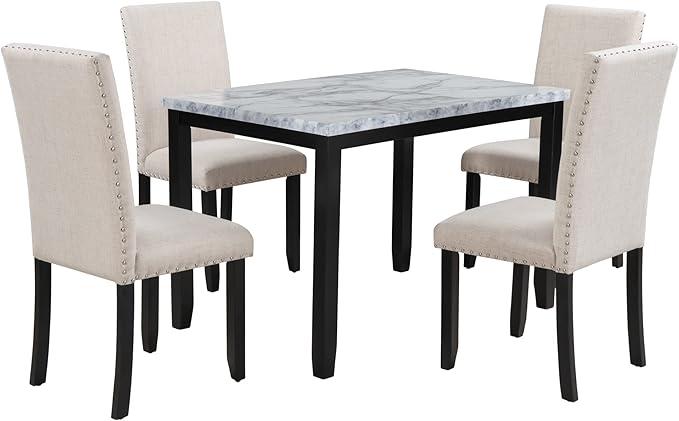 5 Piece Faux Marble Set with 4 Thicken Cushion Chairs Home Kitchen Furniture for 4 People, Family Candlelight Dinner Tables for Dining Room, White - LeafyLoom
