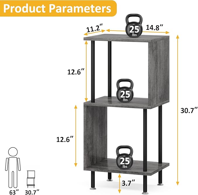3 Tier Modern Bookshelf, S-Shaped Bookcase,Small Book Shelf for Small Spaces, Unique Bookshelf for Storage Organizer Living Room Bedroom Home Office, Grey - LeafyLoom