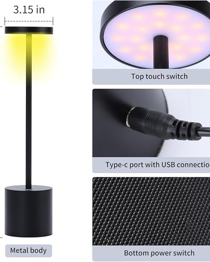 2 Pack Cordless Table Lamp, Led Bedside Lamp Rechargeable Desk Lamp, 5200mah Battery Portable Desk Lamp, Adjustable Light Brightness, Suitable for Restaurants, Indoor, Outdoor, Study (Black) - LeafyLoom