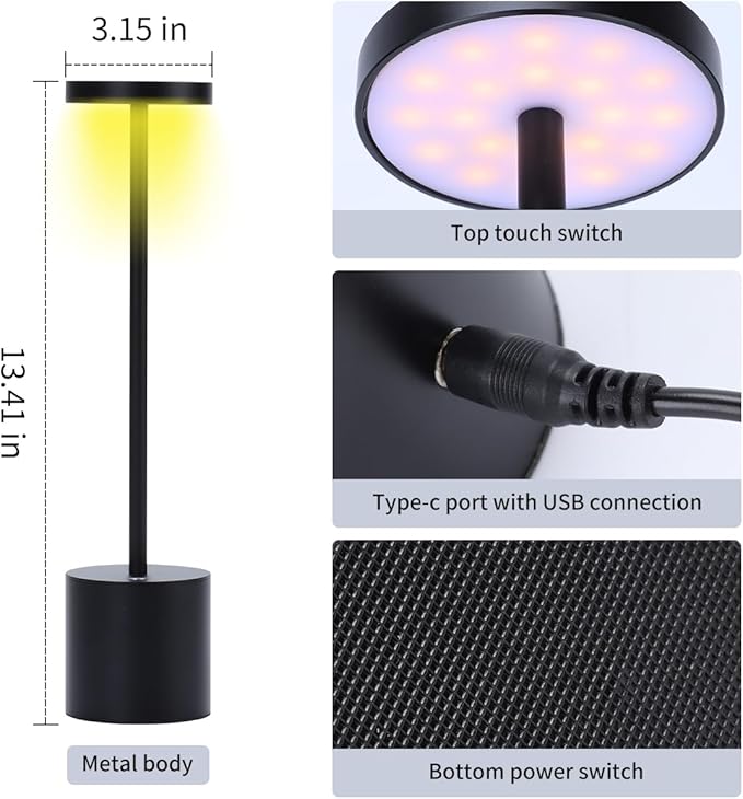 2 Pack Cordless Table Lamp, Led Bedside Lamp Rechargeable Desk Lamp, 5200mah Battery Portable Desk Lamp, Adjustable Light Brightness, Suitable for Restaurants, Indoor, Outdoor, Study (Black) - LeafyLoom