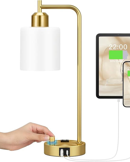 Innqoo Gold Lamp for Bedroom - Industrial Bedside Table Lamp with USB Port and Outlet, Fully Dimmable Nightstand Lamp with Opal Glass Shade, Small Desk Lamps for Home Office - LeafyLoom