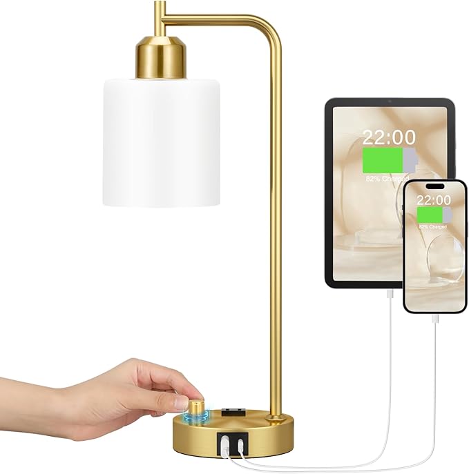 Innqoo Gold Lamp for Bedroom - Industrial Bedside Table Lamp with USB Port and Outlet, Fully Dimmable Nightstand Lamp with Opal Glass Shade, Small Desk Lamps for Home Office - LeafyLoom