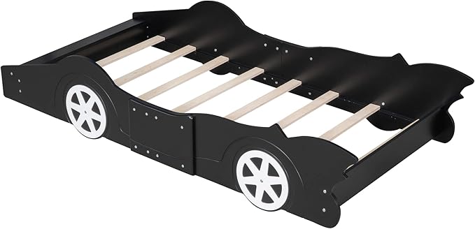 Car Shaped Toddler Bed with Wheels,Racecar Platform Beds W/Safety Guardrail,Slats Support,Stylish Design,Easy Assembly,Wood Twin Bedframe for Boys Toddlers Kids Teens Bedroom,Black - LeafyLoom