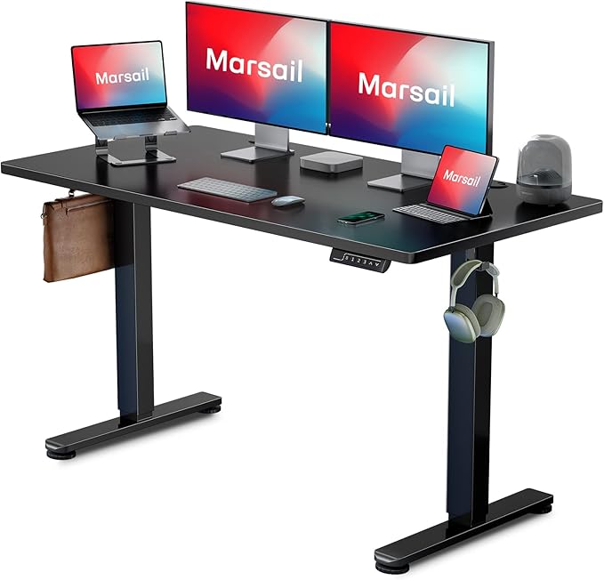 Marsail LED Light Electric Standing Desk, 4824 Inch, Dark Black - LeafyLoom