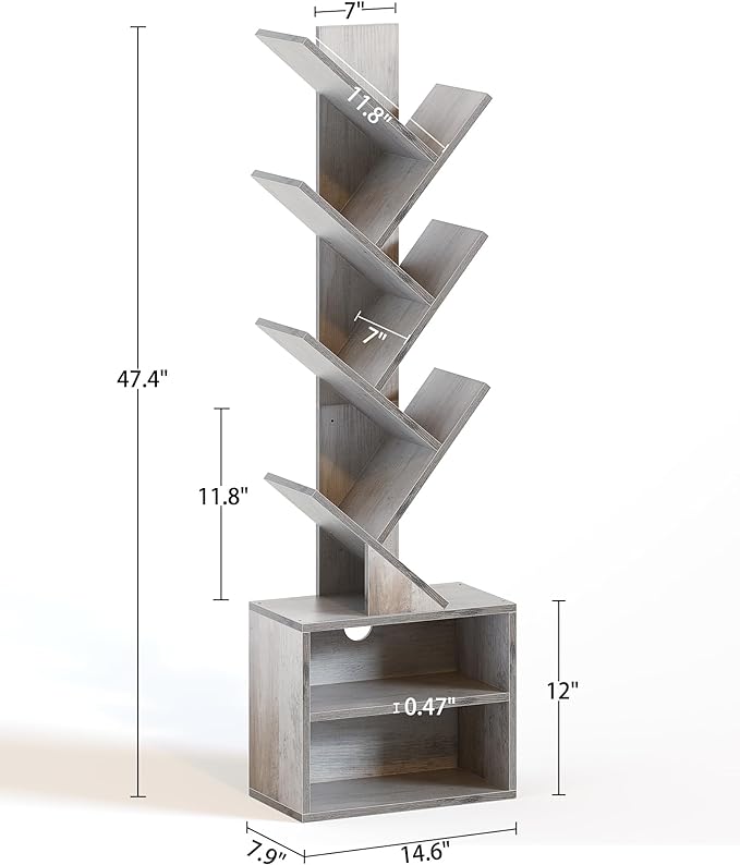 SUNMORY 6 Tier Tree Bookshelf, Tall Bookcase with Storage Cabinet, Modern Narrow Bookshelves Organizer, Floor Standing Book Shelf for Bedroom/Living Room/Home Office/Corner, Grey - LeafyLoom