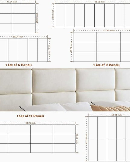 Wall Mounted Upholstered Headboard Queen, 3D Peel and Stick Soundproof Wall Panels, Reusable and Removable Padded Headboard Leather Bed Headboard, 9 Panels Headboard 9.84" x 23.62", Ivory White - LeafyLoom