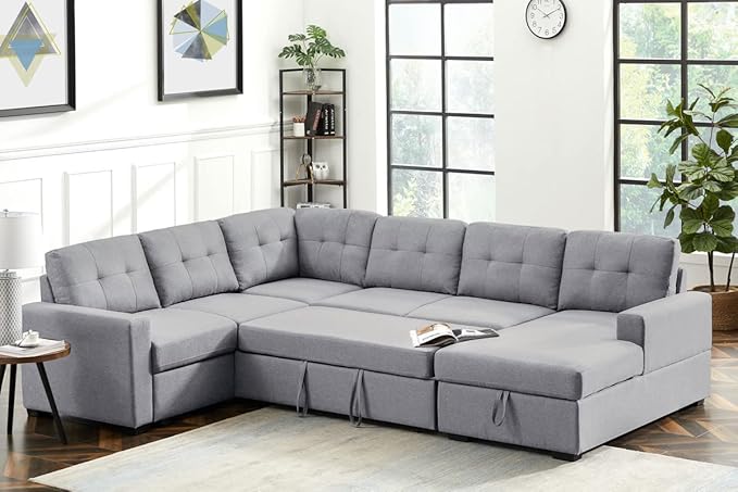 LOVMOR Living Room U Shape Large Sectional Sofa with Pull Out Sleeper Bed, Storage Chaise, Corner Couch with Arms and 2 Cup Holder for Home Furniture, Apartment, Dorm, Light Gray, 90 Inch - LeafyLoom