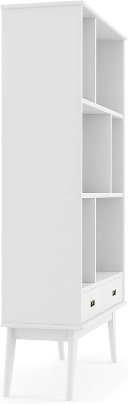 SIMPLIHOME Draper SOLID HARDWOOD 35 Inch Mid Century Modern Wide Bookcase and Storage Unit in White, For the Living Room, Study Room and Office - LeafyLoom