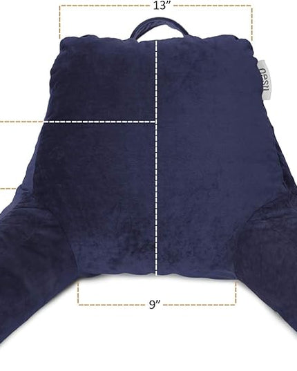 Nestl Reading Pillow with Portable Laptop Lap Desk, Velvet Feel Back Pillow for Sitting in Bed, Shredded Memory Foam Back Support Pillow for Bed, Bed Rest Pillow with Arms, Small - Navy - LeafyLoom