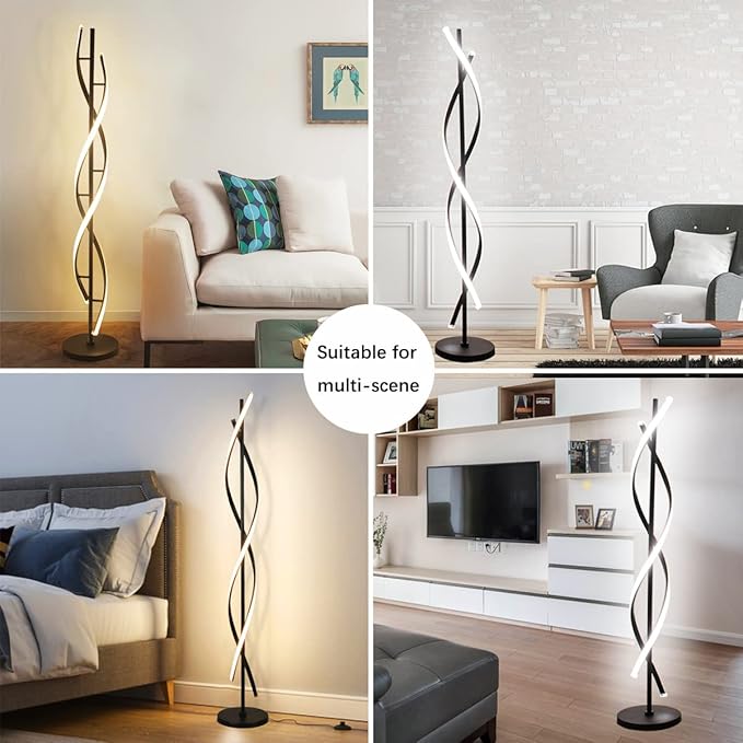 Modern Spiral Floor Lamps for Living Room, 40W LED Floor Lamp with Remote Control, 60 Inch 3 Color Temperatures & Dimmable Brightness Corner Standing Lamp Black Floor Lamp for Bedroom, Office - LeafyLoom