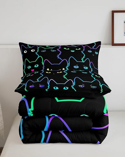 Erosebridal Teen Girl Bedding Full Size Cute Cat Kids Comforter Set Rainbow Line Cats Bedding Sets for Girls Boys Cartoon Kawaii Animal Quilt Set Reversible Black All Season,2 Pillow Cases - LeafyLoom