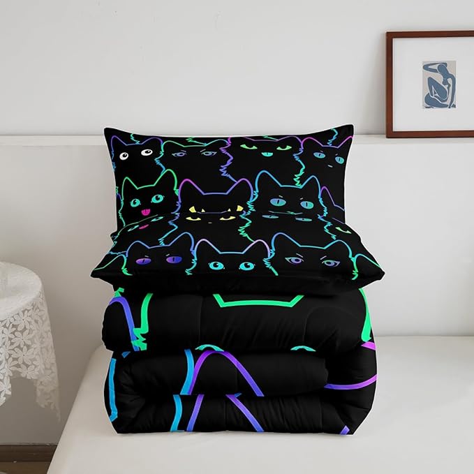 Erosebridal Teen Girl Bedding Full Size Cute Cat Kids Comforter Set Rainbow Line Cats Bedding Sets for Girls Boys Cartoon Kawaii Animal Quilt Set Reversible Black All Season,2 Pillow Cases - LeafyLoom