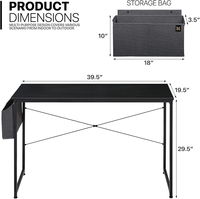MoNiBloom Writing Computer Desk 40", Simple Home Office Gaming Desk with Storage Bag, Space Saving Table - Black - LeafyLoom