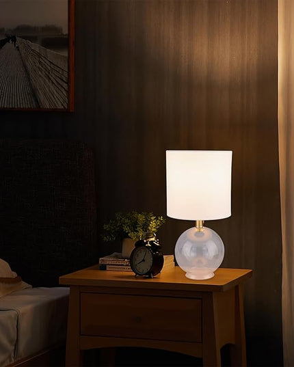 Small Table Lamp for Bedroom Glass Bedside Lamps for Nightstand, Minimalist Night Stand Light Lamp with Cylindric Fabric Shade, Desk Decor Lamp for Kids Room Living Room Office Dorm - LeafyLoom