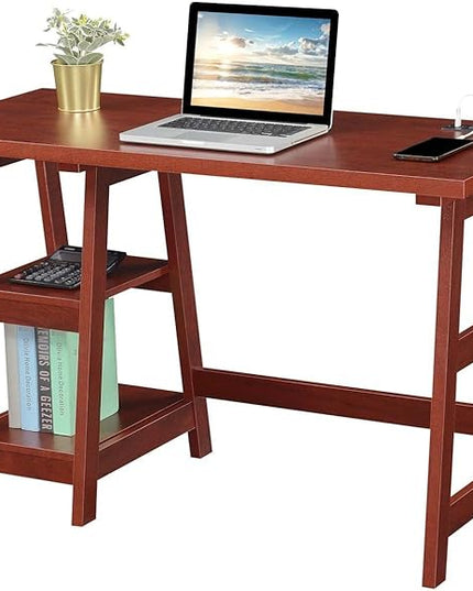 Convenience Concepts Designs2Go Trestle Desk with Charging Station and Shelves, Cherry - LeafyLoom