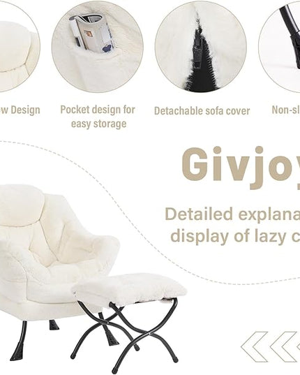 Plush Lazy Chair and Ottoman, Large Contemporary Accent Lounge Chair with Armrests and a Side Pocket, Modern Leisure Upholstered Sofa Reading Armchair with Footrest for Bedroom, Living Room - LeafyLoom