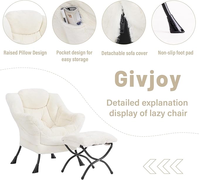 Plush Lazy Chair and Ottoman, Large Contemporary Accent Lounge Chair with Armrests and a Side Pocket, Modern Leisure Upholstered Sofa Reading Armchair with Footrest for Bedroom, Living Room - LeafyLoom