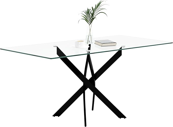 Tempered Glass Dining Table with Black Metal Legs, 47in Modern Rectangular Kitchen Table for Kitchen Dining Room Home Office (47.24 * 27.55, Black) - LeafyLoom