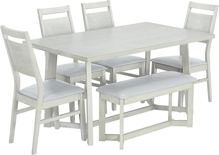 6-Piece Wood Dining Table Set with 4 PU Upholstered Chairs and Bench, Large Tabletop, for Kitchen Living Room, Farmhouse Style, Gray, 59" L x 35.4" W x 30" H - LeafyLoom