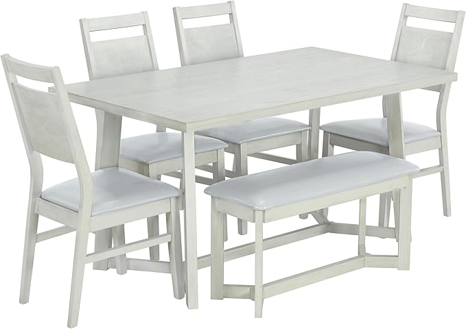 6-Piece Wood Dining Table Set with 4 PU Upholstered Chairs and Bench, Large Tabletop, for Kitchen Living Room, Farmhouse Style, Gray, 59" L x 35.4" W x 30" H - LeafyLoom