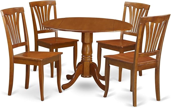 East West Furniture DLAV5-SBR-W 5 Piece Kitchen Table & Chairs Set Includes a Round Dining Room Table with Dropleaf and 4 Dining Chairs, 42x42 Inch, Saddle Brown - LeafyLoom