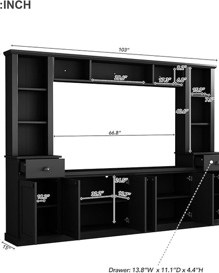 Entertainment Wall Unit with Bridge, Stand Media Console Table for TVs Up to 75" with Adjustable Shelves, Ample Storage Space for Living Room, 103 Inch, Black - LeafyLoom