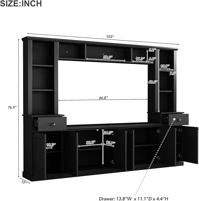 Entertainment Wall Unit with Bridge, Stand Media Console Table for TVs Up to 75" with Adjustable Shelves, Ample Storage Space for Living Room, 103 Inch, Black - LeafyLoom