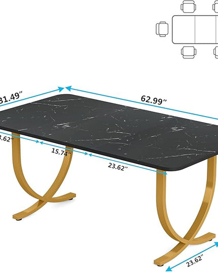 Dining Room Table, Kitchen Table with Faux Marble Table Top and Gold Metal Legs - LeafyLoom