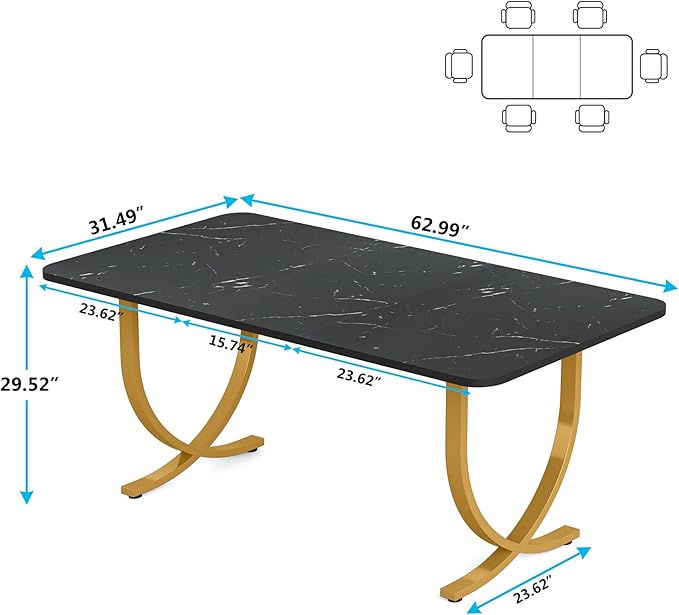 Dining Room Table, Kitchen Table with Faux Marble Table Top and Gold Metal Legs - LeafyLoom