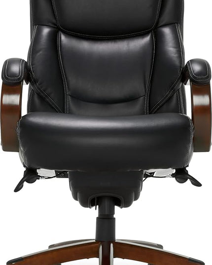 La-Z-Boy Delano Big & Tall Executive Office Chair, High Back Ergonomic Lumbar Support, Bonded Leather, Black with Mahogany Wood Finish - LeafyLoom