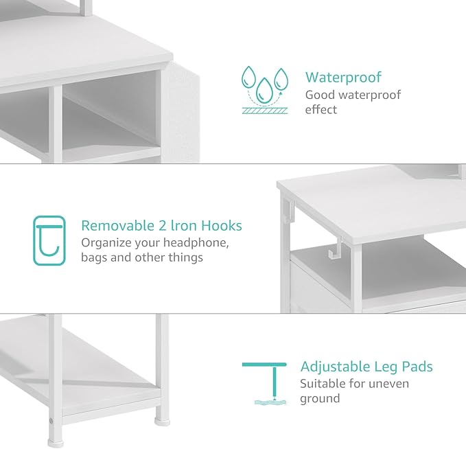 Lufeiya White Computer Desk with File Drawers Cabinet, 55 Inch Home Office Desk with Monitor Stand Shelves, Writing Study Gaming Desks with Led Light Power Outlets for Bedroom, White - LeafyLoom