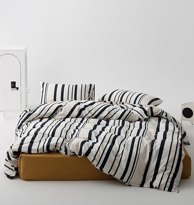 Striped Comforter Set King Black and White Comforter Men Women Modern Chic Stripes Bed Comforters Beige Black Striped King Ticking Bedding Comforter Set All Season Hotel Quality Bed Set - LeafyLoom