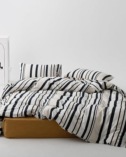 Striped Comforter Set California King Black White Comforter Men Women Modern Chic Stripes Bed Comforter Beige Black Striped Cal King Ticking Bedding Comforter All Season Hotel Quality Bed Set - LeafyLoom