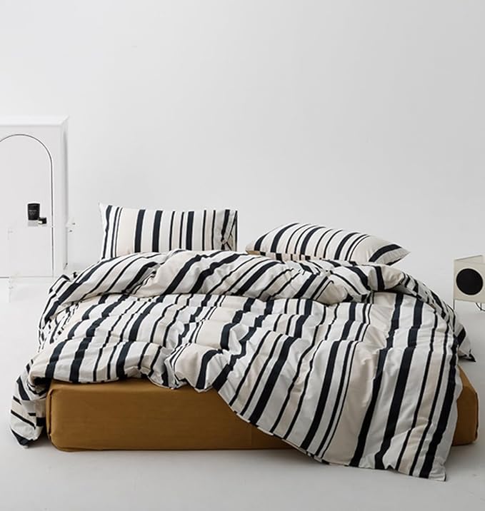 Striped Comforter Queen Black White Comforter 3 Pieces Soft Stripes Comforter Set 1 Striped Queen Comforter (90x90 inches) with 2 Pillowcases (20x26 inches) - LeafyLoom