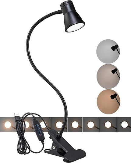 3W 5V USB Portable LED Clip Desk Table Headboard Lamp 3 Colors Changeable Dimmable Adjustable 15" Arm for Reading Working Drawing (15" Clip Light Horn Style) - LeafyLoom