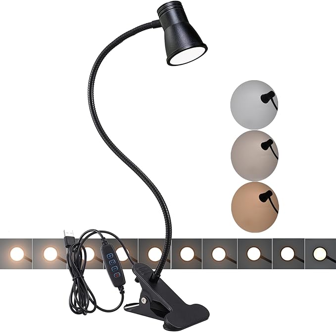 3W 5V USB Portable LED Clip Desk Table Headboard Lamp 3 Colors Changeable Dimmable Adjustable 15" Arm for Reading Working Drawing (15" Clip Light Horn Style) - LeafyLoom
