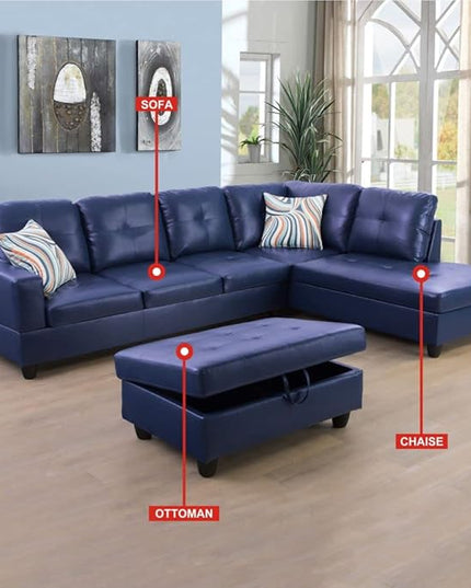 103'' L-Shape 4-Seater Faux Leather Modular Sectional Sofa, with Storage Ottoman, Upholstered Corner Couch for Home, Living Room, Apartment, Office, Blue-A - LeafyLoom