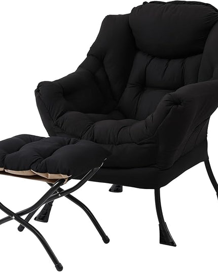Welnow Lazy Chair with Ottoman, Modern Lounge Accent Chair with Armrests and a Side Pocket, Leisure Sofa Chair Set, Reading Chair with Footrest for Small Space, Corner Chair, Black - LeafyLoom