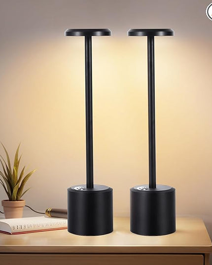 Rechargeable LED Wireless Touch Desk Lamps Set of 2, 5000mAh Battery Operated Lamp, 3 Color Modes with Memory Function and Stepless Dimming Desk Lamp for Restaurant/Bedroom/Terrace (Black) - LeafyLoom