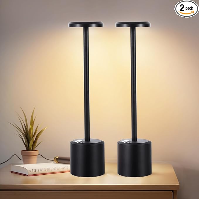 Rechargeable LED Wireless Touch Desk Lamps Set of 2, 5000mAh Battery Operated Lamp, 3 Color Modes with Memory Function and Stepless Dimming Desk Lamp for Restaurant/Bedroom/Terrace (Black) - LeafyLoom