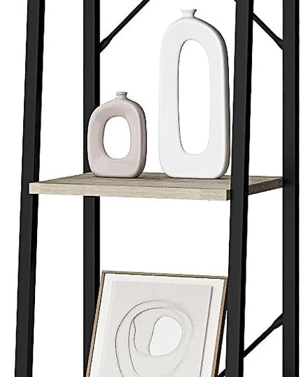 Ladder Shelf, Bookshelf Bookcase, Freestanding Corner Storage Shelve with 2 Hooks for Home Office, Living Room, Kitchen, Bedroom, Industrial, 5-Tier Greige BC03205B - LeafyLoom