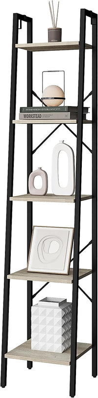 Ladder Shelf, Bookshelf Bookcase, Freestanding Corner Storage Shelve with 2 Hooks for Home Office, Living Room, Kitchen, Bedroom, Industrial, 5-Tier Greige BC03205B - LeafyLoom