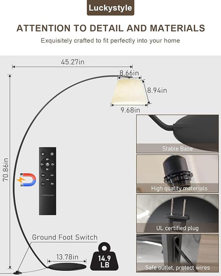 Arc Floor Lamps for Living Room,1200LM Super Bright 71 Inch Extra Tall Floor Lamp with Remote Control Dimmable 12W E26 LED Bulb,Adjustable Hanging Lamp for Bedroom with Foot Switch Black - LeafyLoom