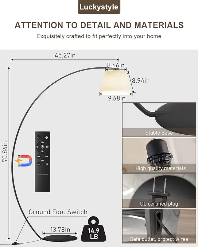 Arc Floor Lamps for Living Room,1200LM Super Bright 71 Inch Extra Tall Floor Lamp with Remote Control Dimmable 12W E26 LED Bulb,Adjustable Hanging Lamp for Bedroom with Foot Switch Black - LeafyLoom