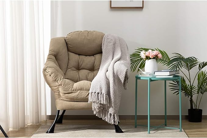 HollyHOME Modern Fabric Large Lazy Chair, Accent Oversized Comfy Reading Chair, Thick Padded Cozy Lounge Chair with Armrest, Leisure Sofa Chair for Living Room, Bedroom, Dorm, Coffee&White - LeafyLoom