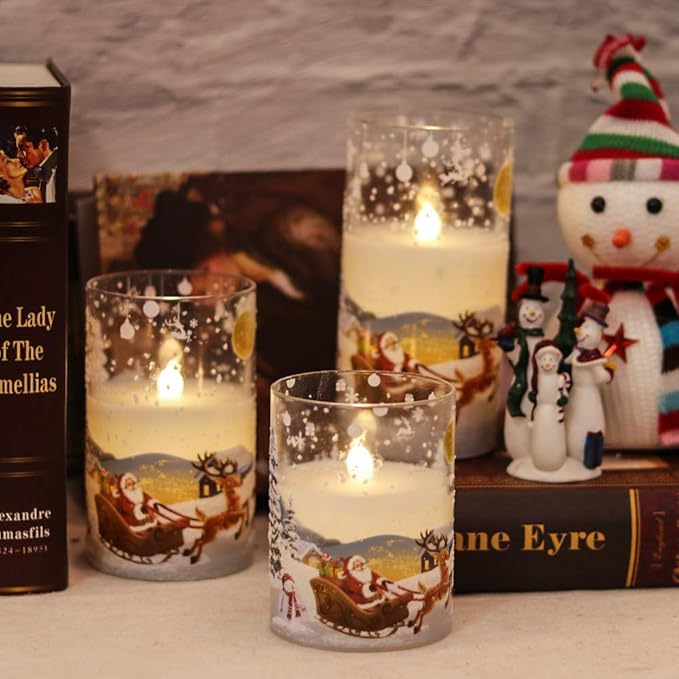 DRomance Santa Claus Glass Flameless Candles Battery Operated Remote and Timer Real Wax LED Flickering Pillar Candles White Cold Light Window Christmas Holiday Decor D3 x H4, 5", 6" DRomance