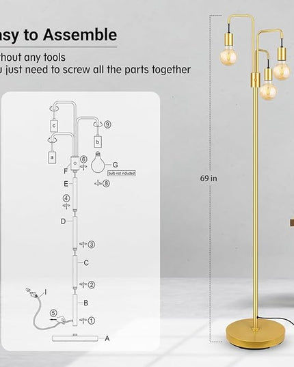 BoostArea Industrial Floor Lamp for Living Room,Gold Modern Standing Lamp Stand Up Lamp with 3 Light, Bulbs Not Included,Simple Design Floor Lamp for Bedroom, Living Room, Office, Kids Room, Reading - LeafyLoom