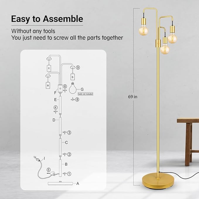 BoostArea Industrial Floor Lamp for Living Room,Gold Modern Standing Lamp Stand Up Lamp with 3 Light, Bulbs Not Included,Simple Design Floor Lamp for Bedroom, Living Room, Office, Kids Room, Reading - LeafyLoom