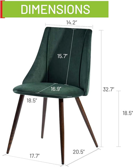 FurnitureR Dining Chairs Set of 2, Mid Century Side Chairs Large & Super Soft Velvet Seat Back Metal Legs for Kitchen, Dining Room, Bedroom, Living Room, Green - LeafyLoom